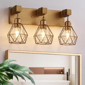 Gold Bathroom Vanity Light Fixtures, 3Light Gold Bathroom Light Fixtures Over Mirror, Sconces Wall Lighting with Elegant Metal Lampshade for Living Room, Bedroom, Hallway