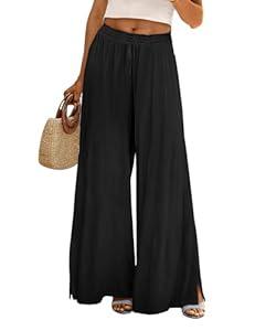 YESNO Women Summer Boho Palazzo Pants High Waist Wide Leg Floral Casual Cotton Lounge Trousers with Pockets 2XL PP0 Solid Black