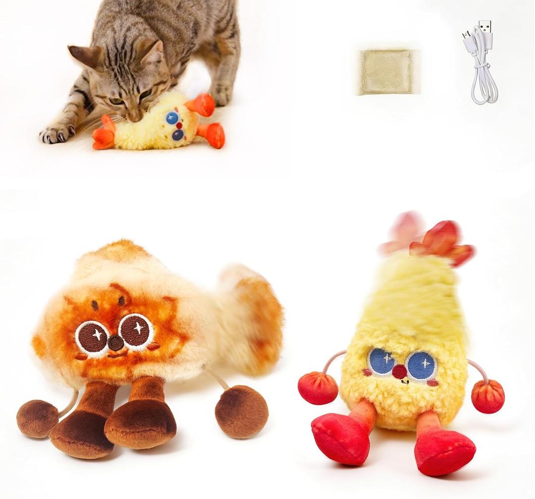 Petgravity Jumpy Shrimp Taiyaki Electric Cat Toy, 2 Pack, Tap-Activated 3 Moving Modes Interactive Cat Toys, Exercise Toy for Indoor Cats Kitten with Catnip, Rechargeable