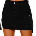 Women High Waisted Denim Mini Y2K Casual Jean Cargo Skirt with Flap Pockets (X-Large, Black)