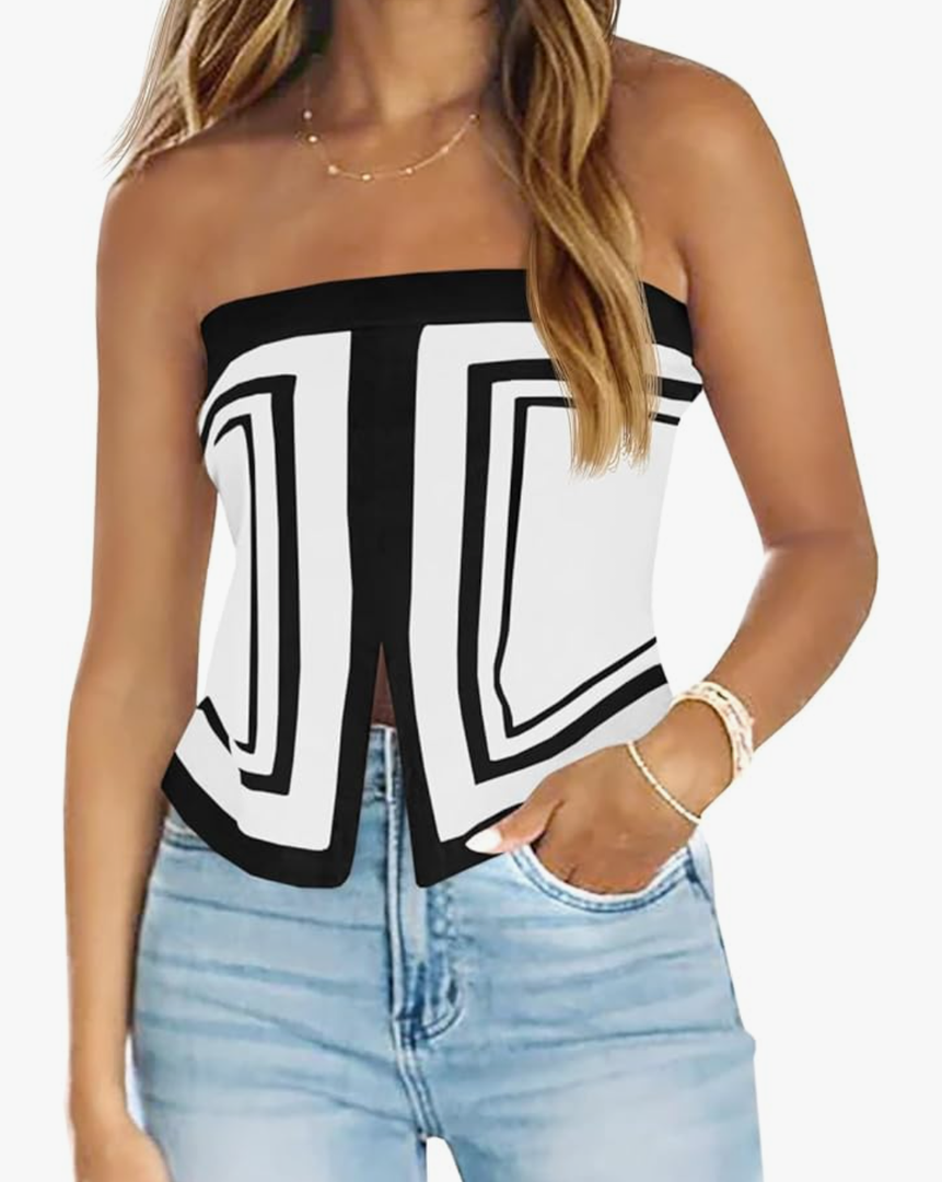 Saodimallsu Womens Strapless Crop Tube Tops Sexy Sleeveless Knit Summer Trendy Color Block Asymmetrical Y2k Bandeau Top L