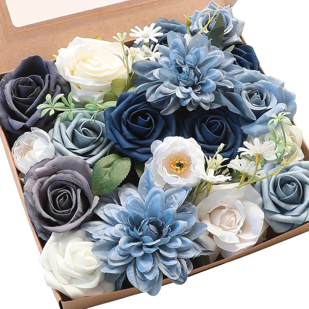 Floroom Dusty Blue Navy Artificial Flowers Fake Roses Peonies Dahlias and Greenery Combo Box Set for DIY Wedding Bouquets Bridal Shower Centerpieces Floral Arrangements Party Tables Home Decorations Floroom Dusty Blue Navy Artificial Flowers Fake Roses Peonies Dahlias and Greenery Combo Box Set for DIY Wedding Bouquets Bridal Shower Centerpieces Floral Arrangements Party Tables Home Decorations