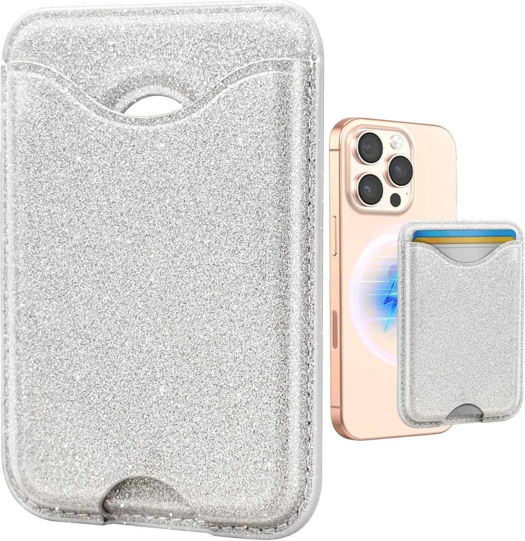Shorogyt Compatible with Magsafe Wallet Magnetic Card Holder - Glitter Silver Phone Wallets for Women Teen Girls for iPhone 17/16/15/14/13/12 Series Slim for Apple Mag RFID Magnet, Fit 3 Cards
