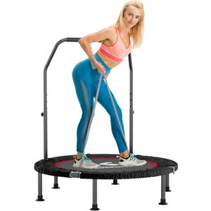 40" Mini Flodable Spring Rebounder Trampoline for Adults, Small Exercise Trampoline for Indoor Workout and Fitness, Purple Resistance Band Included, Max Load 330 LBS