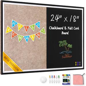 Magnetic Chalkboard Felt Bulletin Board Combination, 24"x18" Large Blackboard & Felt Cork Board Combo, Self-Adhesive Push Pins Vision Board for Home, School and Office