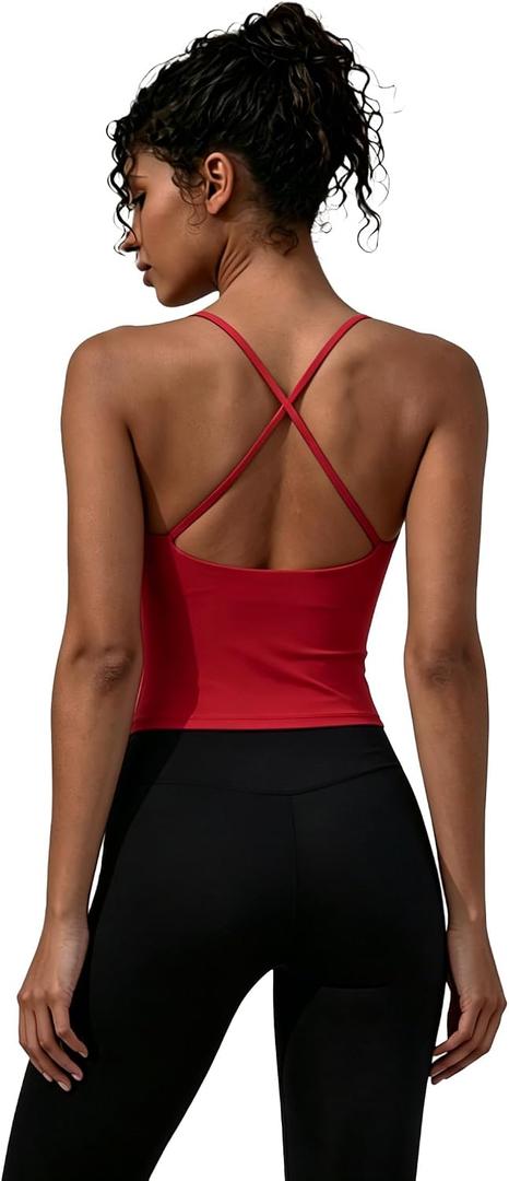 SUUKSESS Longline Padded Sports Bras Open Back Workout Spaghetti Strap Camisole Tops (Red, L)
