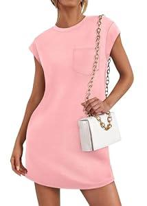 KIRUNDO T Shirt Summer Dresses for Women 2026 Mini Cap Sleeve Shift Sundress Spring Casual Loose Beach Outfits with Pockets(Pink, Large)