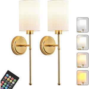 KARTOOSH Battery Operated Wall Sconce Set of Two, Gold Wireless Rechargeable Wall Light with Remote Control, Dimmable, Amber/Warm/Natural/Cool White, RGB, Battery Power Sconces for Living Room Bedroom