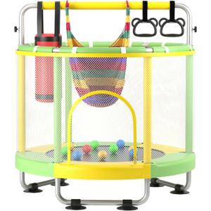 ZCMHAXJ 55" Trampoline for Kids with Enclosure, 440lbs Capacity Indoor & Outdoor Toddler Trampoline with Adjustable Gymnastics Bar & Toys, for Boys & Girls (Yellow Green)