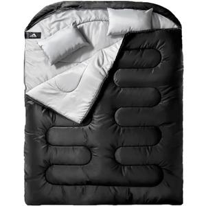 MEREZA Double Sleeping Bag for Adults Mens with Pillow, XL Queen Size Two Person Sleeping Bag for All Season Camping Hiking Backpacking 2 Person Sleeping Bags for Cold Weather & Warm (Double (90.6in*61in), Black)