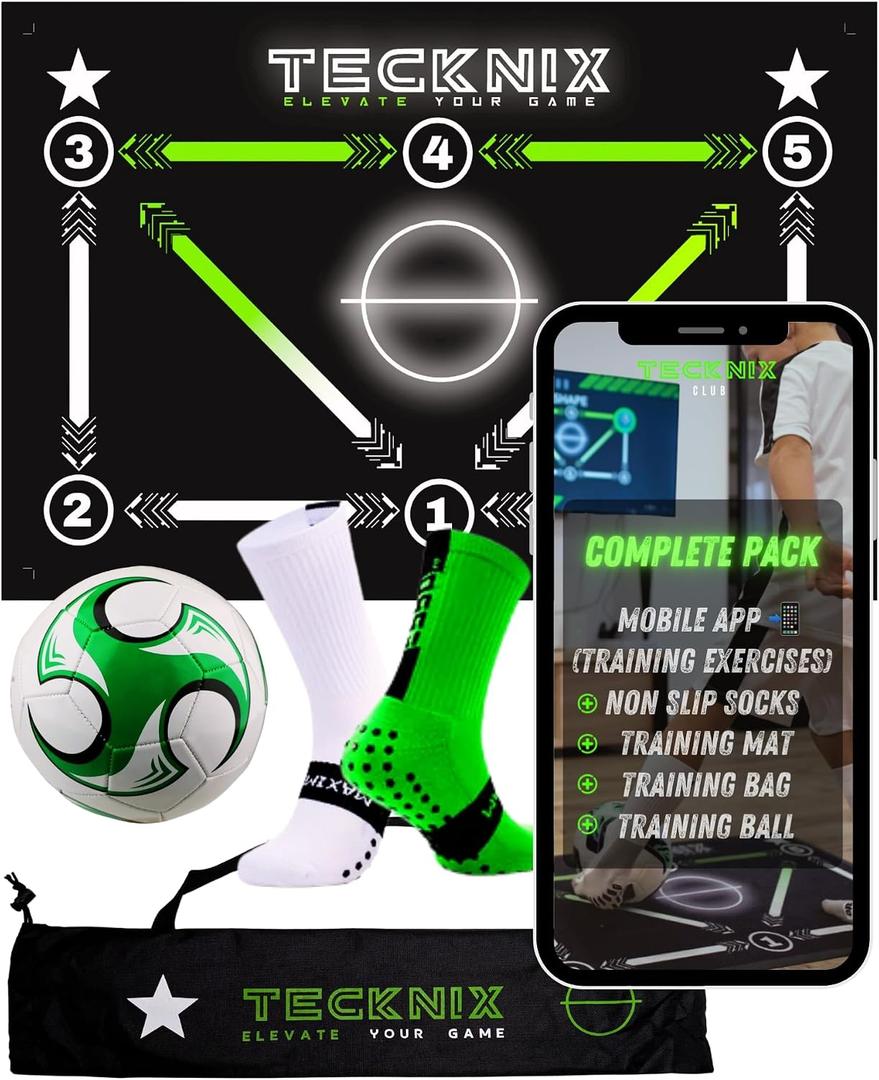TECKNIX Soccer Training mat with app - Soccer Dribble Trainer for Kids- Soccer Skills Training Equipment - Indoor Soccer Training Game - Ideal Gift Set with Non-Slip Socks and Ball.