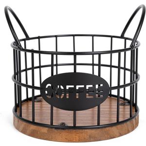 Coffee Pods Holder for Countertop, K Cup Holder Organizer, Sturdy Kcup Storage Basket with Wooden Base, Pods Container for Kitchen Bar Counter Office Desktop (Black)