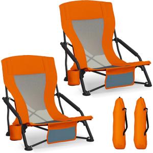 Portable Folding Beach Chair for Adults - Lightweight Low Back Sling Chair with Cup Holder & Storage Pocket, 300lbs Capacity Camping Chair for Outdoor, Lawn (Bright Orange, 2 pcs)