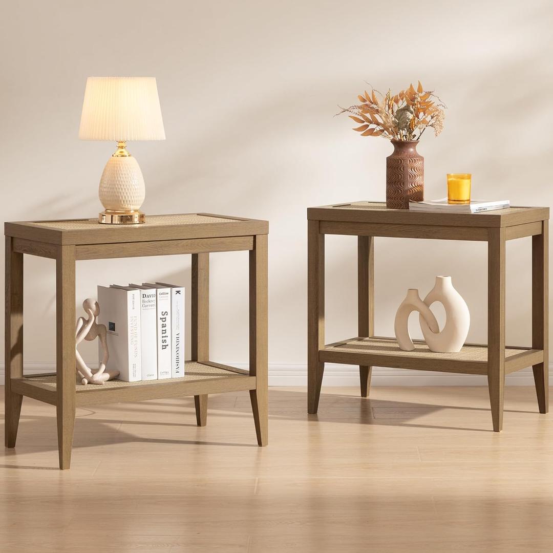 SICOTAS Rattan Nightstands Set of 2 Bedside Table - Boho Narrow End Table Living Room Set of 2 Side Table with Rattan Storage Shelves for Small Space (Reclaimed Caramel Oak)