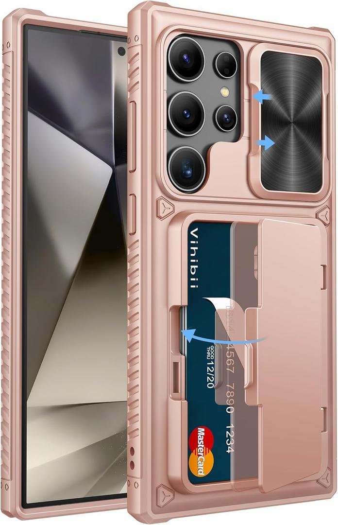 Vihibii for Samsung Galaxy S24 Ultra Wallet Case with Card Holder (4 Cards) & Slide Lens Cover & Stand & Raised Edges Protect Screen, Shockproof Rugged Case for Samsung Galaxy S24 Ultra 5G, Rose Gold