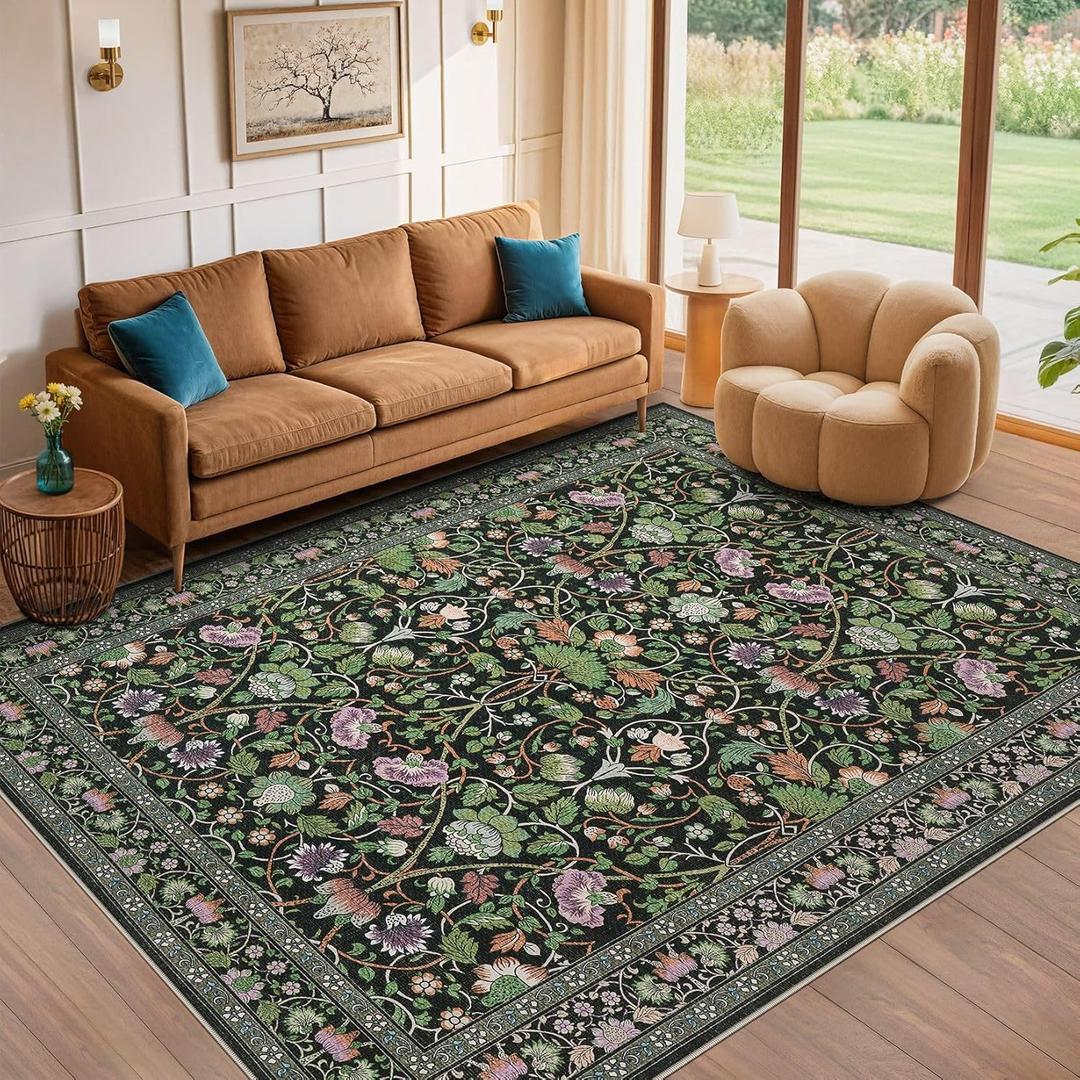9x12 Area Rug Living Room Rugs - Washable Boho Vintage Floral Large Soft Non Slip Thin Rug Low Pile Carpet for Bedroom Dining Room Kids Playroom Office Decor Indoor- Green Dark 9x12 Area Rug Living Room Rugs - Washable Boho Vintage Floral Large Soft Non Slip Thin Rug Low Pile Carpet for Bedroom Dining Room Kids Playroom Office Decor Indoor- Green Dark