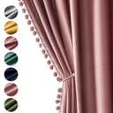 MIULEE Dry Rose Pink Pom Pom Velvet Curtains for Bedroom/Living Room Darkening Thermal Insulating 84 Inches Long Blackout Curtains with Rod Pocket for Girls Room/Nursery/Home Theater Set of 2, 52"W x 84"L