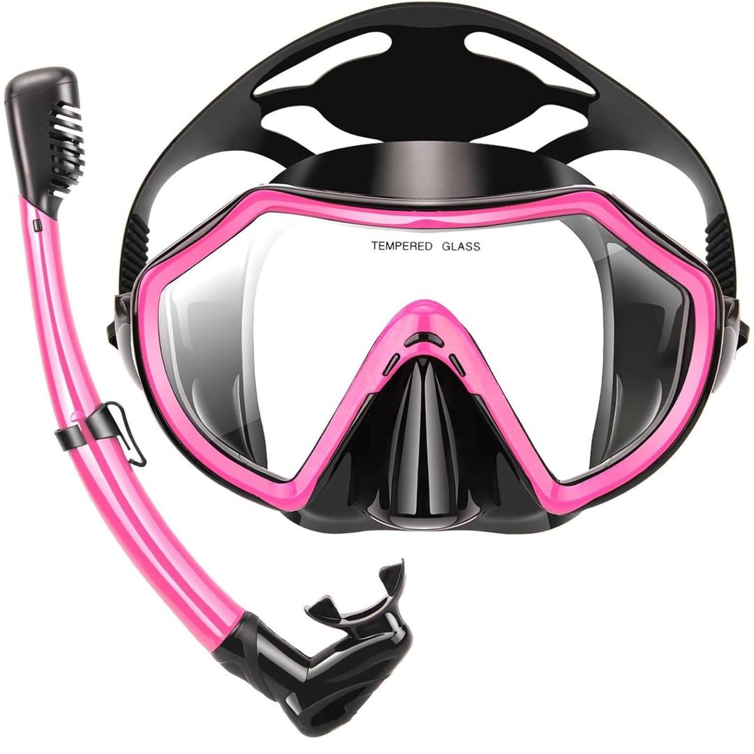 Snorkeling Gear for Adults, Dry Adult Snorkel Set HD Panoramic View Snorkel Mask Set, Anti-Leak and Anti-Fog Scuba Diving Package for Snorkeling Scuba Diving Travel (Pink)
