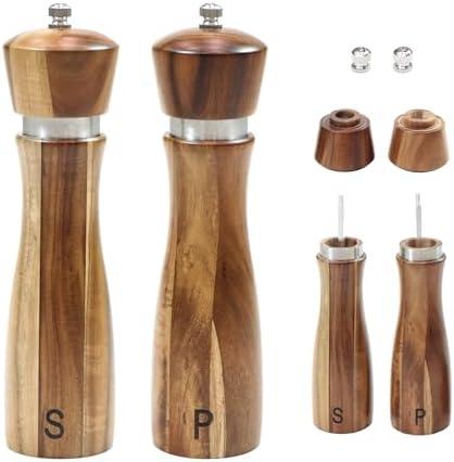 8-Inch Acacia Wood Salt and Pepper Grinders with Adjustable Ceramic Mechanism,Refillable Mills for Fine or Coarse Spices Pack of 2