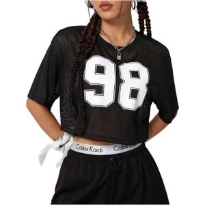 Verdusa Women's Cropped Jersey Shirts Graphic Tees Waffle Short Sleeve Vintage T Shirts Crop Tops (Black, L)