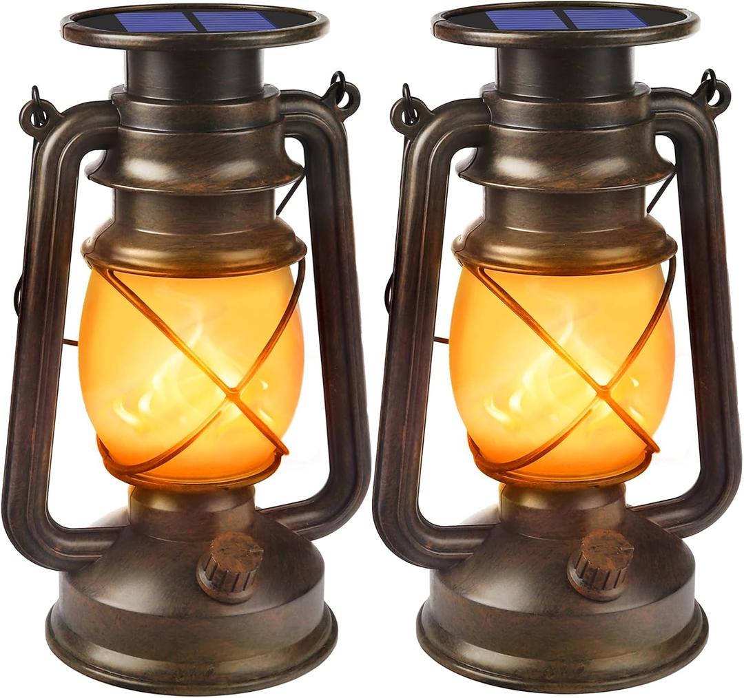Solar Lanterns Outdoor Waterproof,2 Pack Bronze Vintage Lanterns with Dancing Flame Led Hanging Lights Decor,Lamps for Porch Garden Yard Pathway Camping
