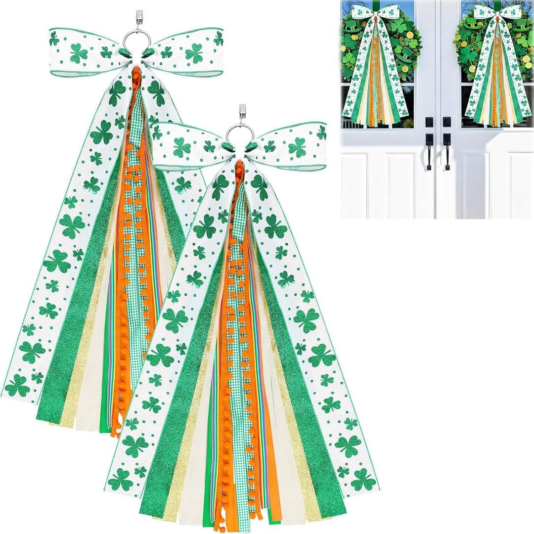 2 Pcs St Patricks Day Clover Ribbon Bow for Wreath Large Clover Wreaths Ribbon Bundle Assorted Sash for Wreaths for Irish Party Front Door Indoor Outdoor Decoration