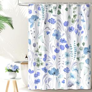 QiyI Watercolor Floral Shower Curtain, Flowers Leaves Spring Bathroom Curtain, Wildflowers Home Dcor Machine Washable Bath Curtain, Blue Waterproof Fabric Shower Curtain Set with Hooks, 72x72