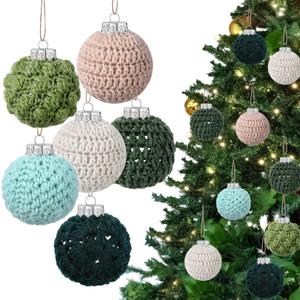 Hoolerry 12 Pcs 2.95 Inch Large Neutral Christmas Crochet Ornaments Balls Knitted Xmas Rustic Tree Hanging Ornaments Cream Brown Green Baubles Boho Handmade Decor for Xmas Tree Rustic Vintage Decor