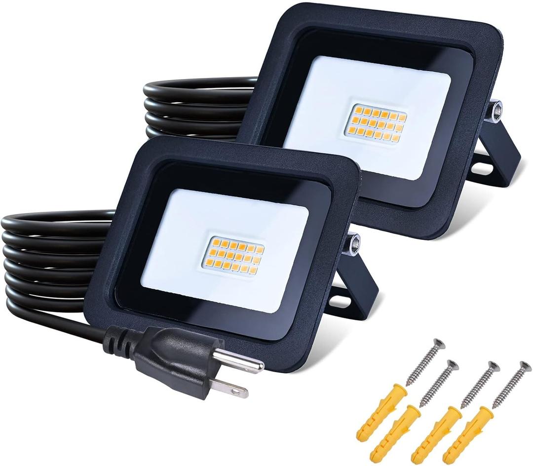 MIWAT 20W 2Pack LED Flood Light with 5FT Cord, Plug in Safety Lights for Flag, Garden, Indoor and Doorway (Black Shell, Warm White)