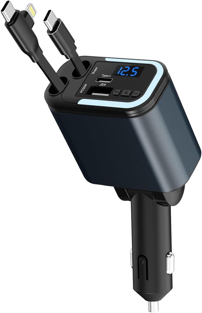 5-in-1 120W 30-Minutes Fast Flash Charging Retractable Car Charger, Wireless Bluetooth FM Transmitter, Type-C+USB-A Car Charger Adapter, Compatible with iPhone 17/16/15/14/13 Pro Max & Android Devices