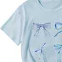 Girl's Bow Graphic Tees Crew Neck Short Sleeve Summer T Shirts Preppy Cute Clothes for Girls (Blue)