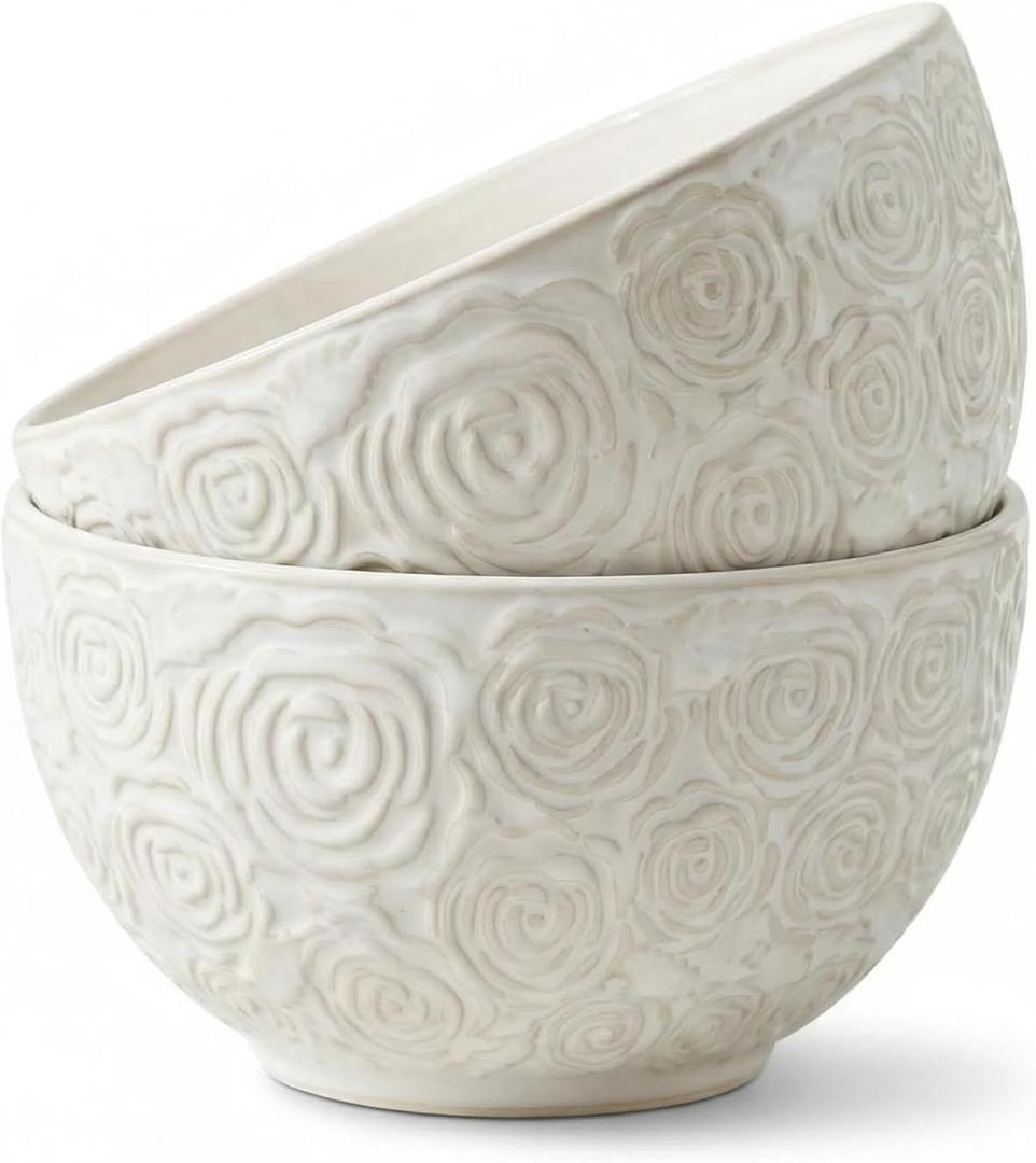 6-Inch Rose Pattern Ceramic Bowls, 30 oz Embossed Floral Soup, Pasta & Salad Bowls, Set of 2