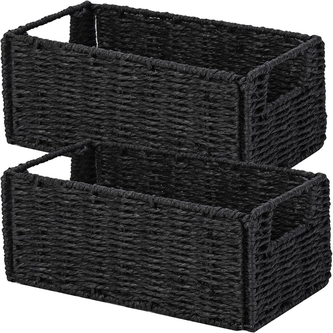 Vagusicc Wicker Storage Basket, Set of 2 Hand-Woven Paper Rope Wicker Basket, Small Storage Baskets for Organizing Toilet Paper Basket, Foldable Large Cube Storage Organizer Bins for Shelves (Black) (11.2"D x 6.1"W x 4.8"H)