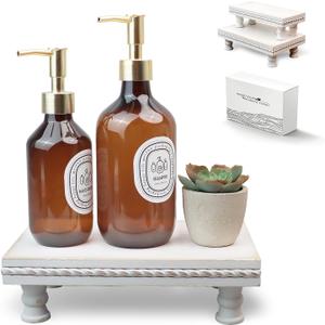 Wood Tray Pedestal Stand, Waterproof Bathroom Counter Organizer, Modern Farmhouse Riser for Soap/Candle/Sponge White Set Middle+ Small