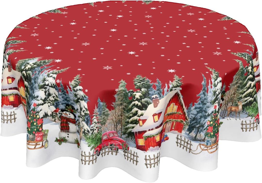 Kawani Christmas Tablecloth Round 60 Inch Winter Snowman Christmas Tree Table Cloth Red Xmas Farmhouse Washable Polyester Table Cover for Holiday Kitchen Dining Room Party Indoor Outdoor Decor
