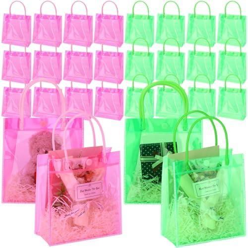 24 Pcs Pink and Green Gift Bags with Handles Candy PVC Green Clear Goodies Bag Witch and Princess Party Magical Theme Gift Bags Birthday Musical Party Favors Supplies Halloween Decorations