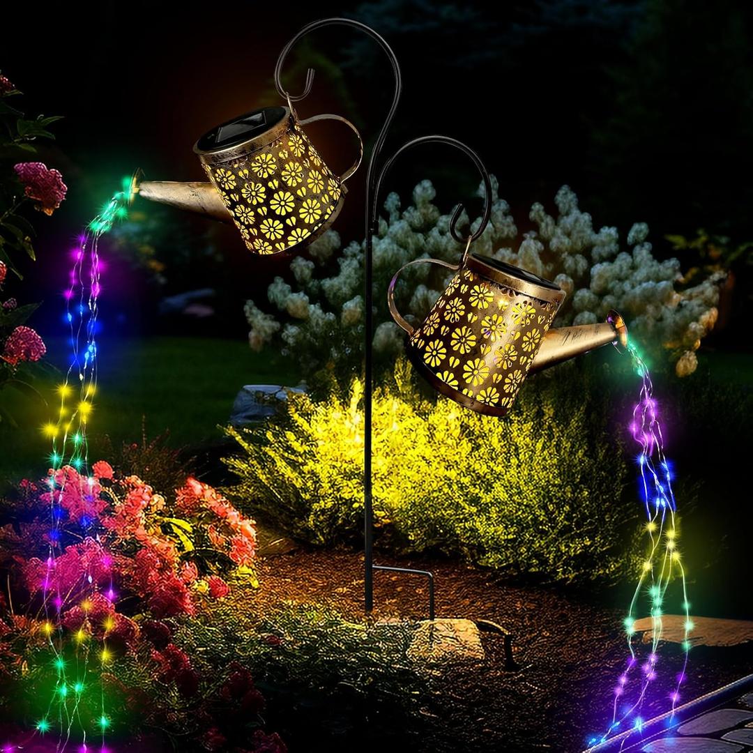 Solar Watering Can Lights Outdoor, IP65 Waterproof Garden Decor Solar Garden Light 8 Multi-Color Changing Modes One Pole Two Lights Outdoor Decorations for Yard, Lawn, Patio