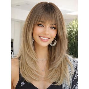 AISI HAIR Beginner Friendly Wigs Ombre Blonde Wig with Bangs for Women, Middle Length NaturalLayered Straight Wig for Daily Party (20 Inch)