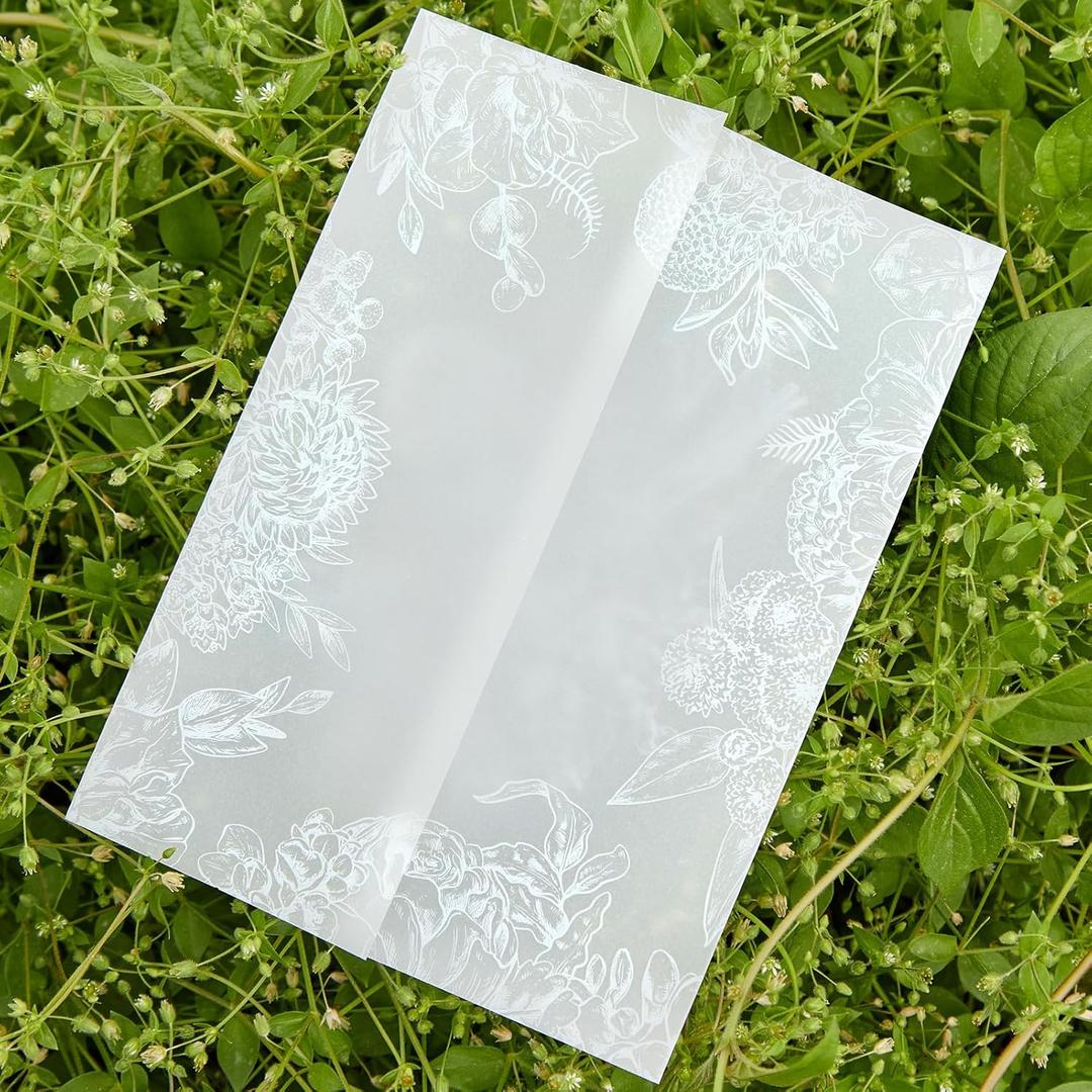 60 Sheets Pre-Folded Vellum Jackets for 5x7 Invitations,White Floral Vellum Paper 5x7 Jackets,Translucent Invitation Sleeve Wraps Floral Paper Envelope Liners for Wedding Baby Shower Invitations Cards