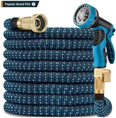 100 ft Expandable Garden Hose with 10 Patterns Nozzle,Kink-free, Flexible Expanding Water Hoses with 3/4" Solid Fittings and 4-Layer Latex Core - Garden Hoses