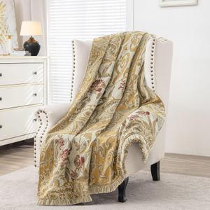 Loom and Mill Damask Patchwork Throw Blankets for Bed, Jacquard Floral Throws with Fringes Trim, Soft Lightweight Velvet Lined Throw Blanket for Sofa Couch Chair All Seasons(Beige Yellow, 52x72)