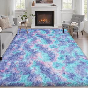 Fluffy 5x7 Area Rugs for Living Room Bedroom: Ultra Soft Shag Rug Non-Slip Non-Shedding Small Plush Bedside Rug Indoor Floor Carpets for Kids Room Playroom Entryway Nursery Dorms Home Rainbow Purple