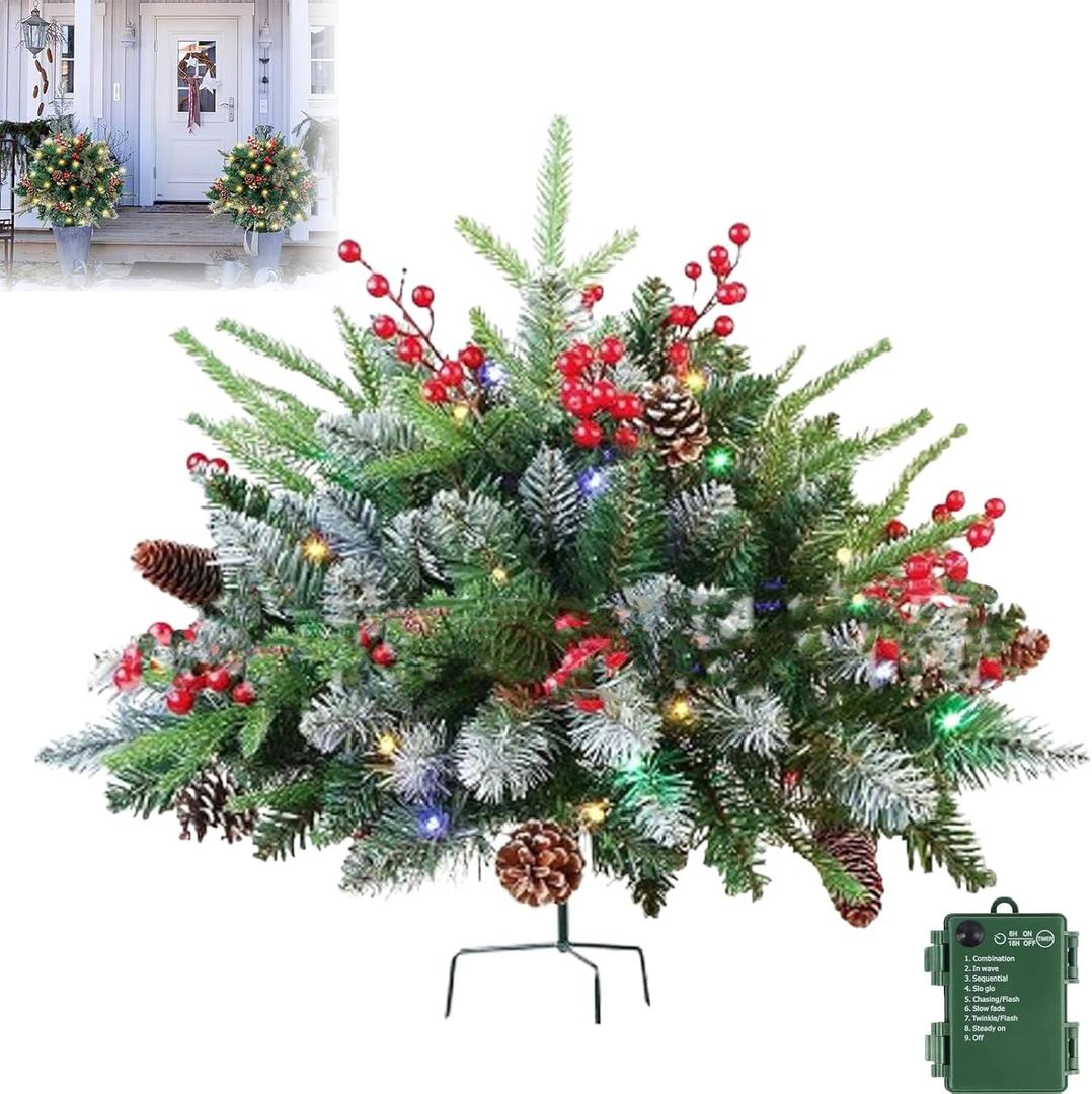 Prelit Christmas Urn Planter Fillers with Cones Golden & Red Berries and 60 LED Lights (1 Pc White)