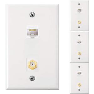 4 Pack Ethernet Coax Wall Plates, Cat6 Coax Wall Plate with Ethernet Port and Gold-Plated TV Coax Cable F-Type Port (White)