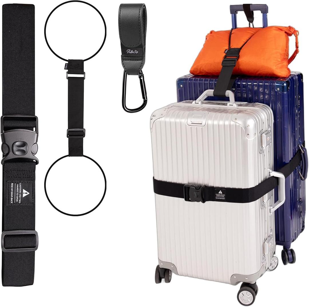 Adjustable Luggage Straps for Suitcases 3 PCS, Heavy Duty Lockable Buckle | Great for Solo and Coupled Travelers, Connect 2 Suitcases with Elastic Strap, Add a Bag & Travel Essentials with Velcro Hook