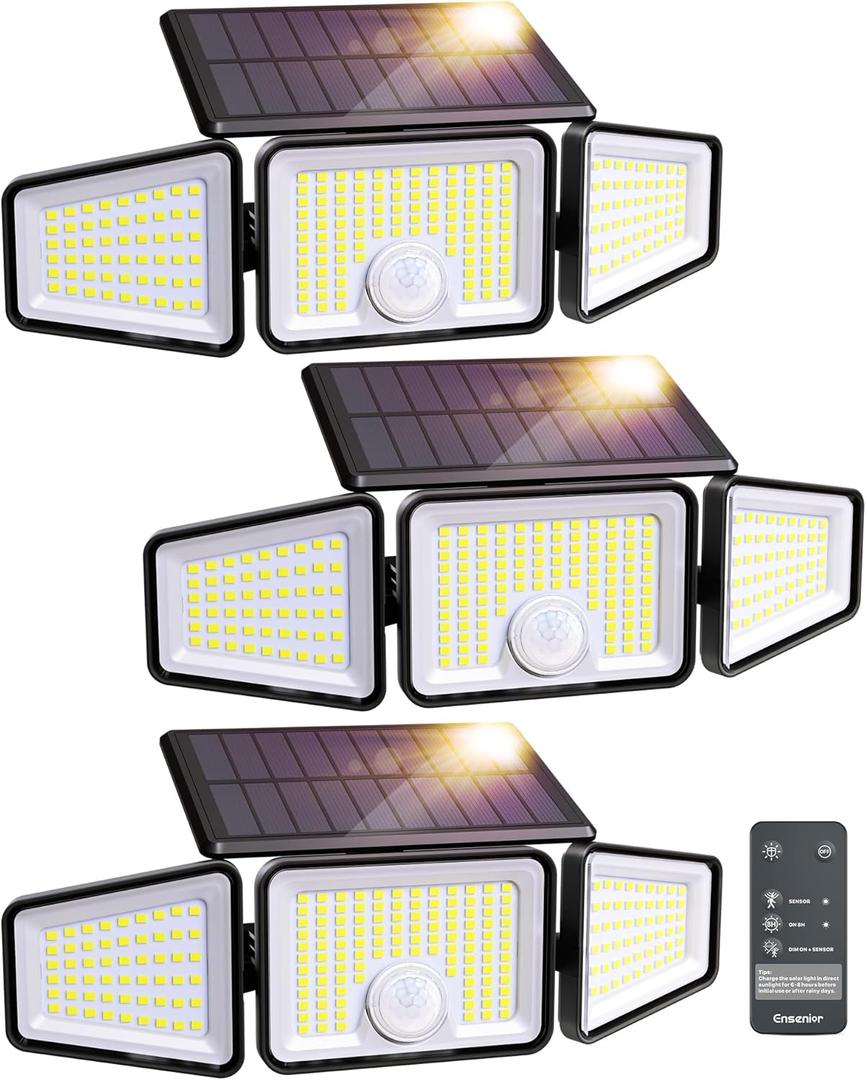 Ensenior Motion Sensor Outdoor Lights, 220 LED IP65 Waterproof Solar Security Light with Remote Control, 3 Heads Solar Flood Light Outdoor with 4 Modes, 270° Wide Angle Motion Light for Outside -3Pack