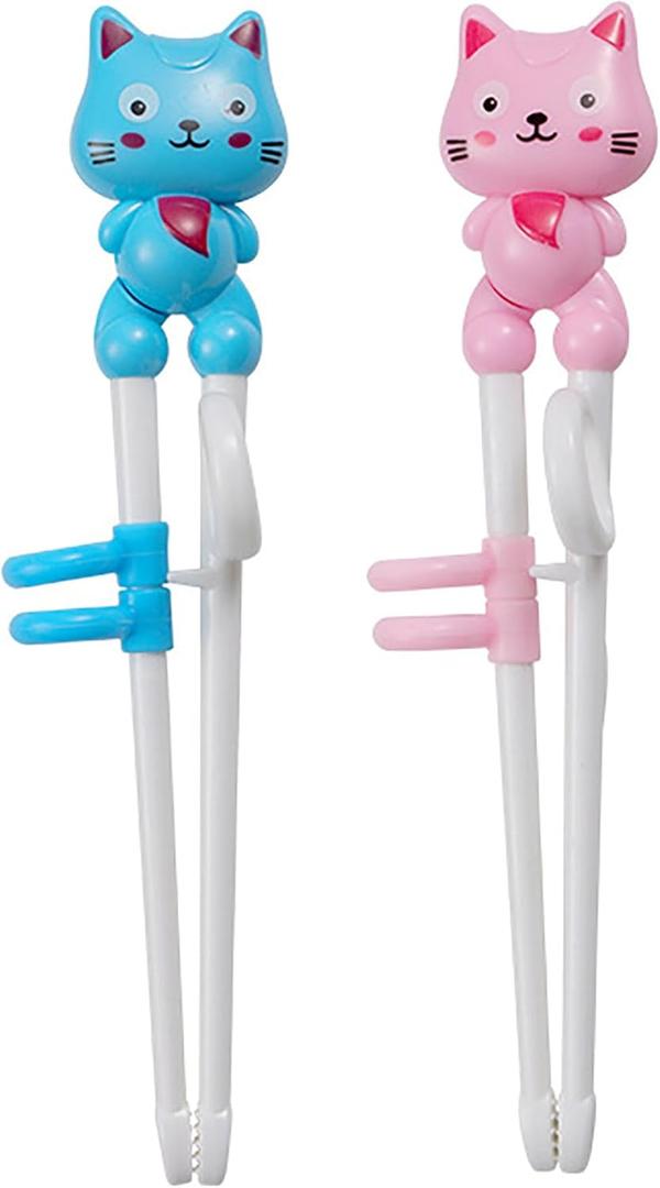 2Pairs Kid Chopsticks, Learning Helper Practice Chopsticks for Kids, Training Chopsticks Gift with Animals for Beginners Toddler ( Cat Pink+Blue)
