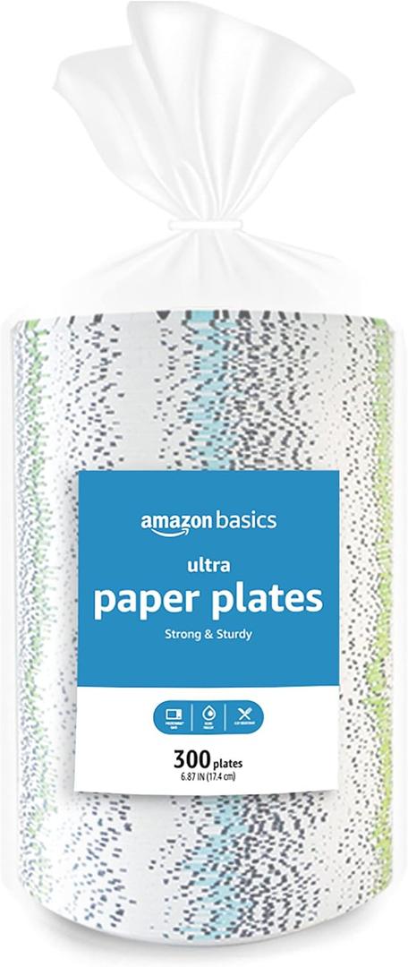Amazon Basics Ultra Paper Plates, 6.87 Inch, Disposable, 600 Count (2 Pack of 300), Microwave-Safe, Soak Proof, Cut Resistant