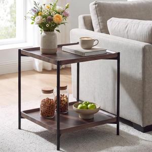 Square End Table Living Room with Metal Legs, 20 in Large Side Table Walnut