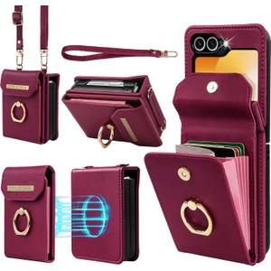 for Samsung Galaxy Z Flip 6 Case, Flip 6 Phone Case with Card Holder and 360 Ring Stand, PU Leather Wallet Case with Crossbody and Wrist Strap, Wine Red